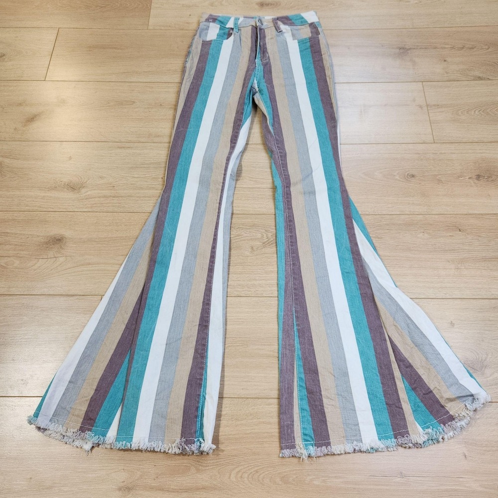 Saints & Hearts Pants Womens Small Multicolor Striped Bell Bottom Fringe Boho